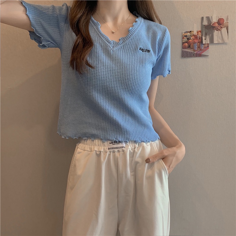 IELGY    Áo Thun Dệt Kim Mỏng Tay Cộc Đa Năng Cho Nữ