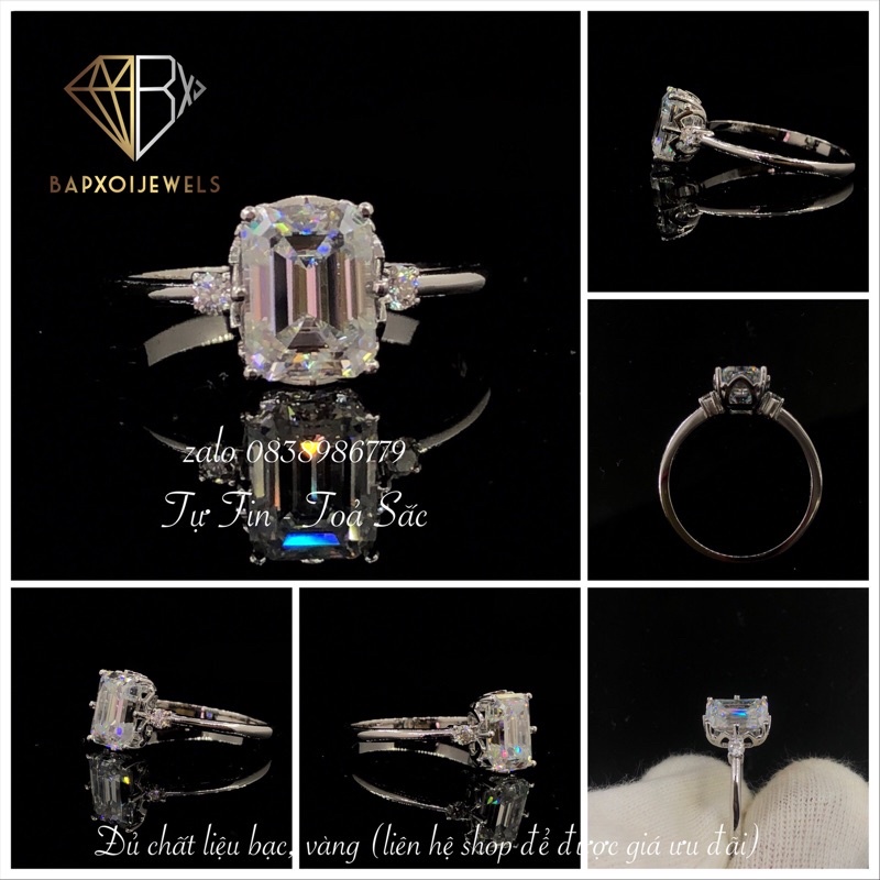 Nhẫn bạc viên chủ Moissanite 6*8 ĐÃ KIỂM ĐỊNH, viên tấm Moisanite; Bạc mạ bạch kim (v.à.n.g 10k-14k-18k l.hệ shop)