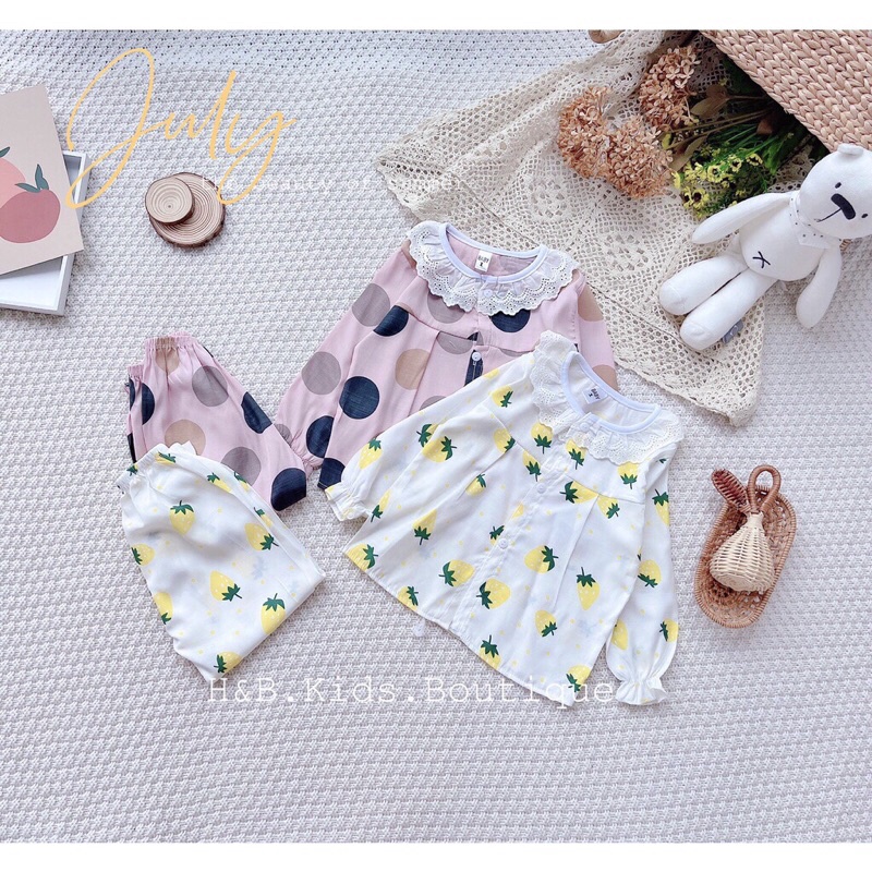 Bộ Ngủ Cổ Ren Dài Tay Chất Đũi Lạnh Cho Bé Gái