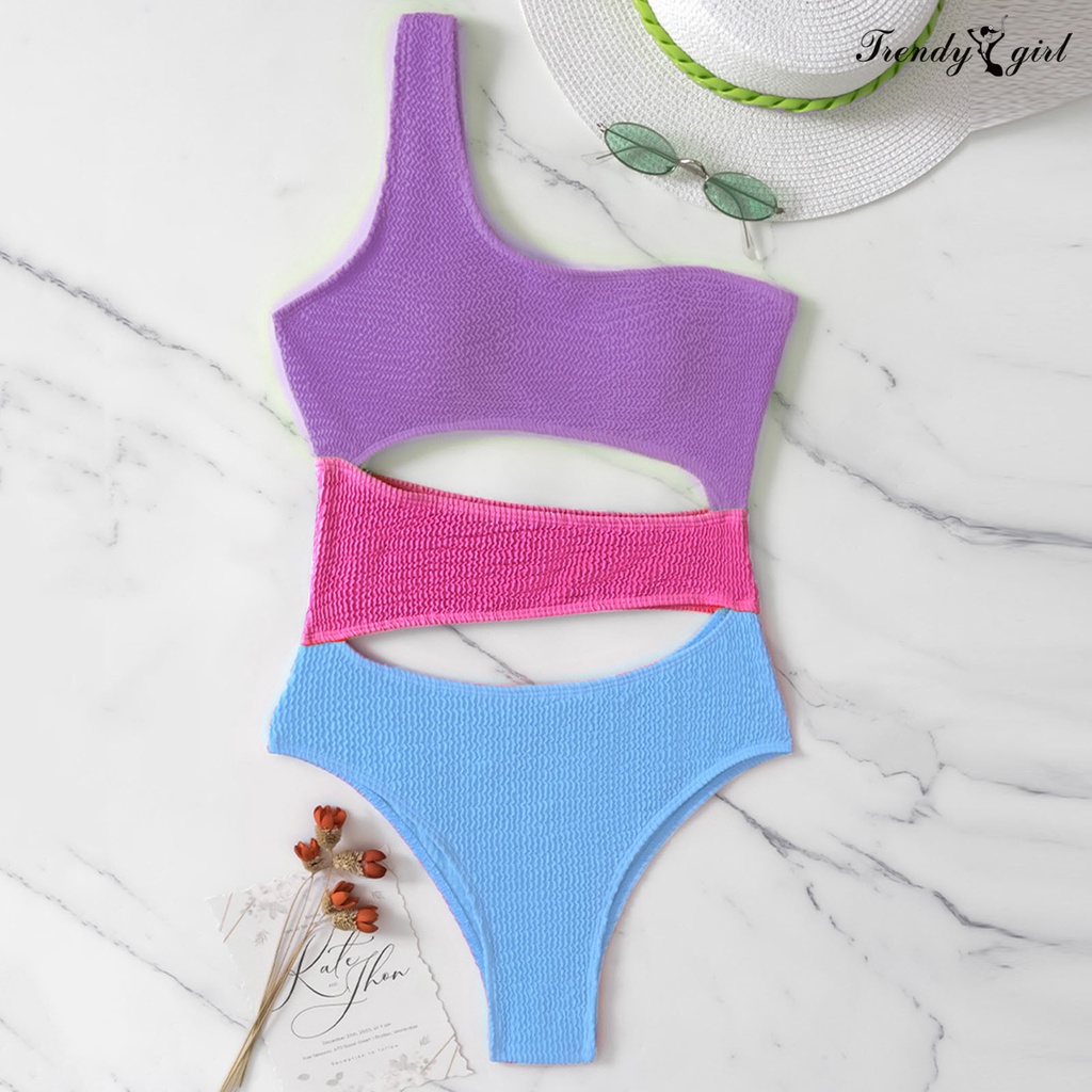 Đồ Bơi Một Mảnh Hở Một Bên Vai Màu Tương Phản Thời Trang Cho Nữ