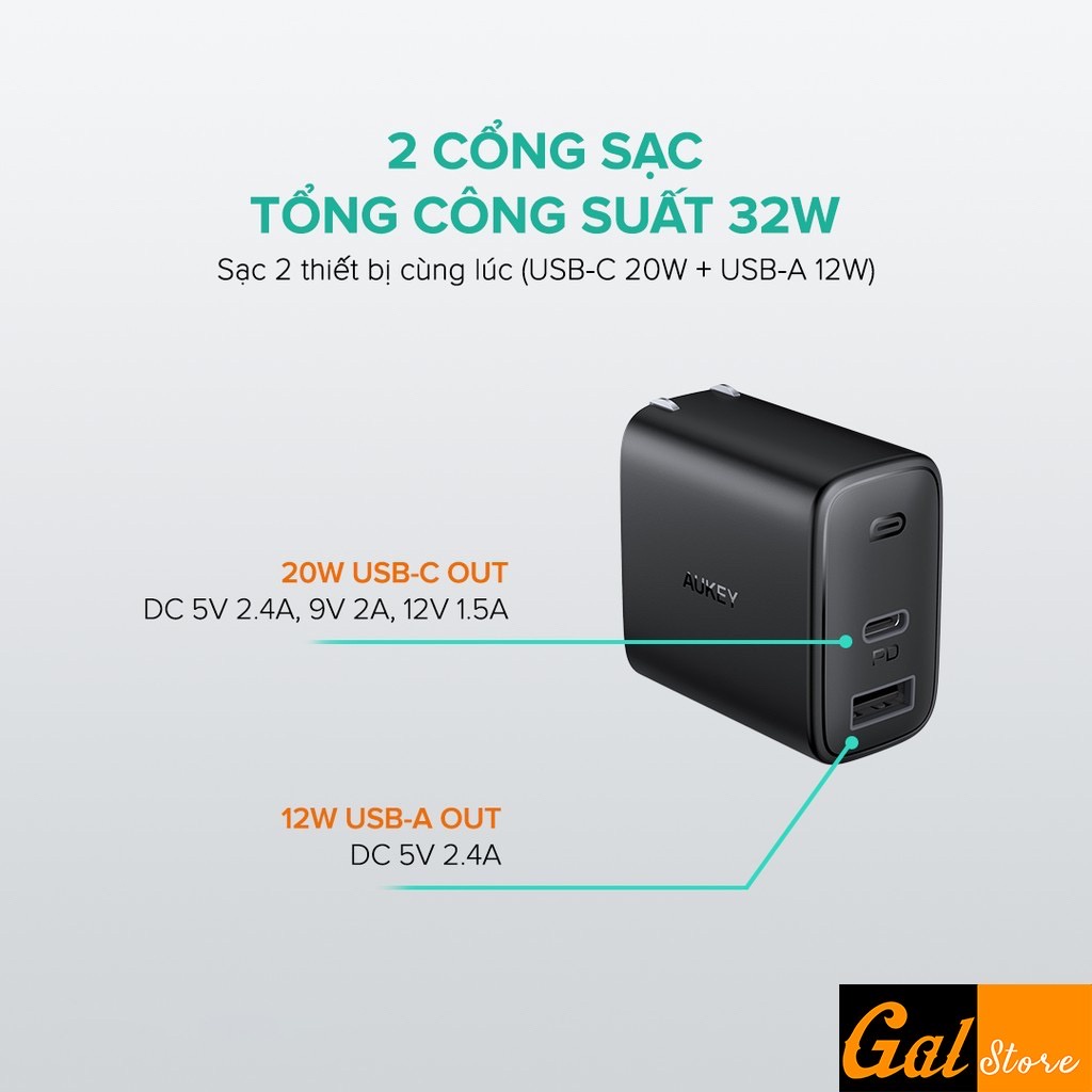 Cốc Sạc Nhanh Aukey 20W PA-B1, PA-F3S 32W PD 20W+12W,Cáp Sạc Nhanh CB-CL12 (1.2m) Sạc Nhanh 2 Trong iPhone PD 20W+QC 3.0