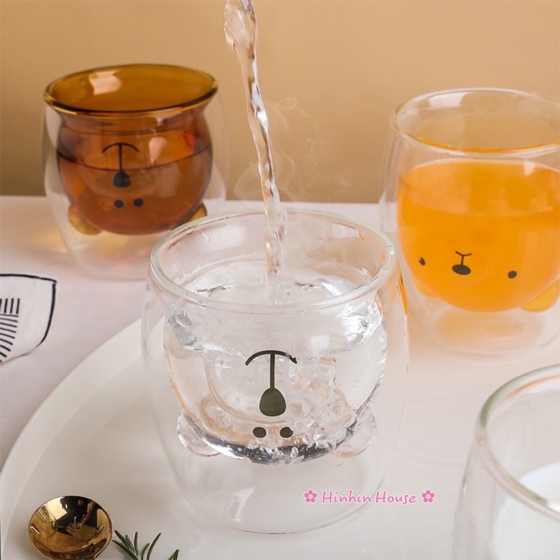 Cốc Thuỷ Tinh 2 Lớp Hình Gấu Dễ Thương / Cốc Gấu Hai Lớp Cách Nhiệt Chống Bỏng Xinh Xắn