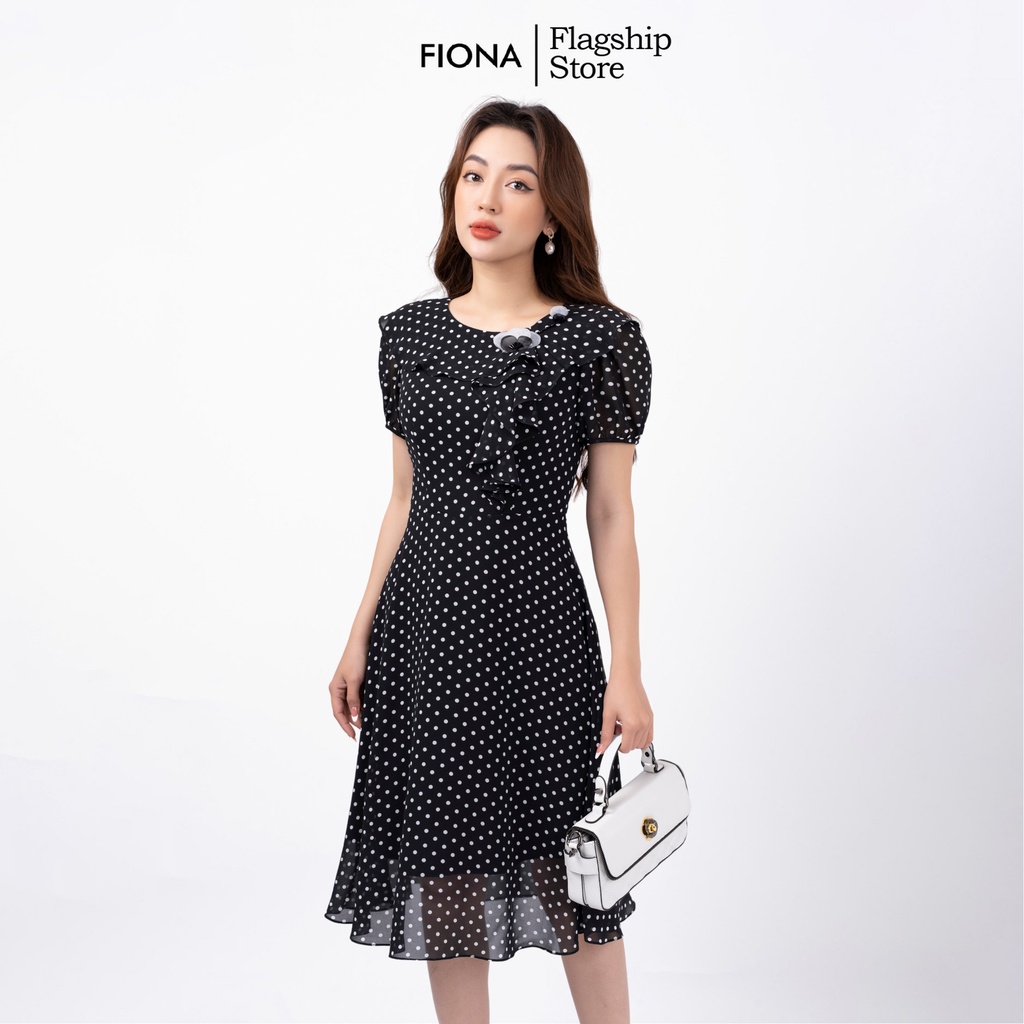 Đầm thiết kế cao cấp FIONA váy công sở nữ họa tiết hoa nhí cổ tròn bèo rủ 1 bên đính hoa trang trí F452240