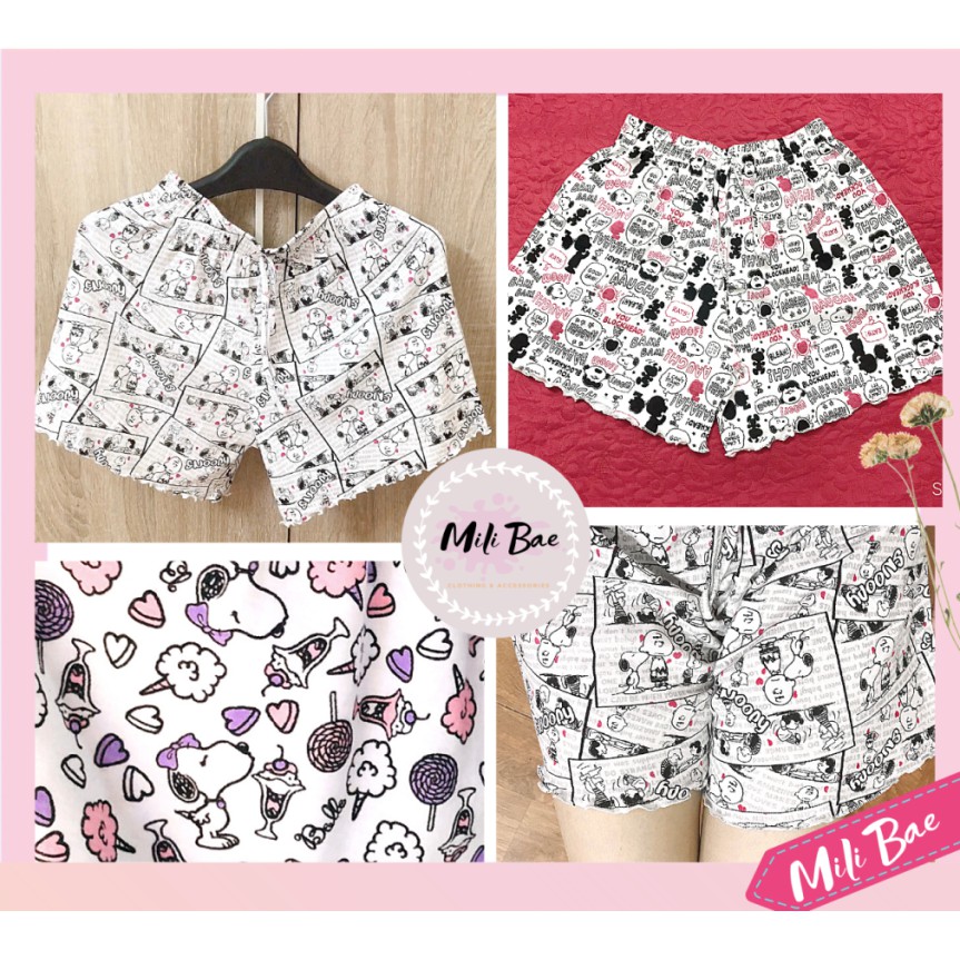 Quần Short Nữ Mặc Nhà, Quần Đùi Cotton Hình Cún Snoopy Viền Bèo Chất Đẹp Mili Bae (ảnh, clip ảnh thật)