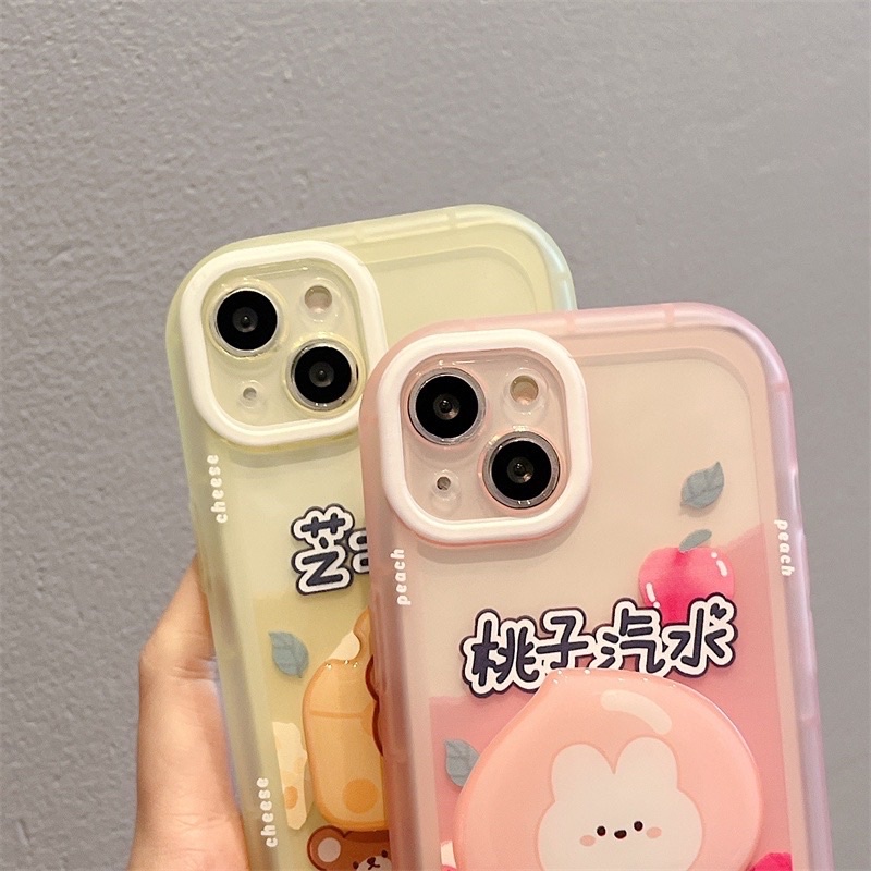 Ốp lưng iphone mềm dẻo viền vuông kèm pop như hình bé gấu vàng và thỏ hồng đào baby
