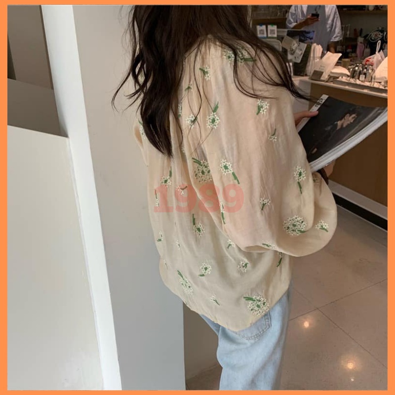 Áo babydoll dáng rộng thêu hoa tay bồng ẢNH THẬT chất đũi mềm min thoáng mát ULZZANG hàn quốc THỜI TRANG 1989