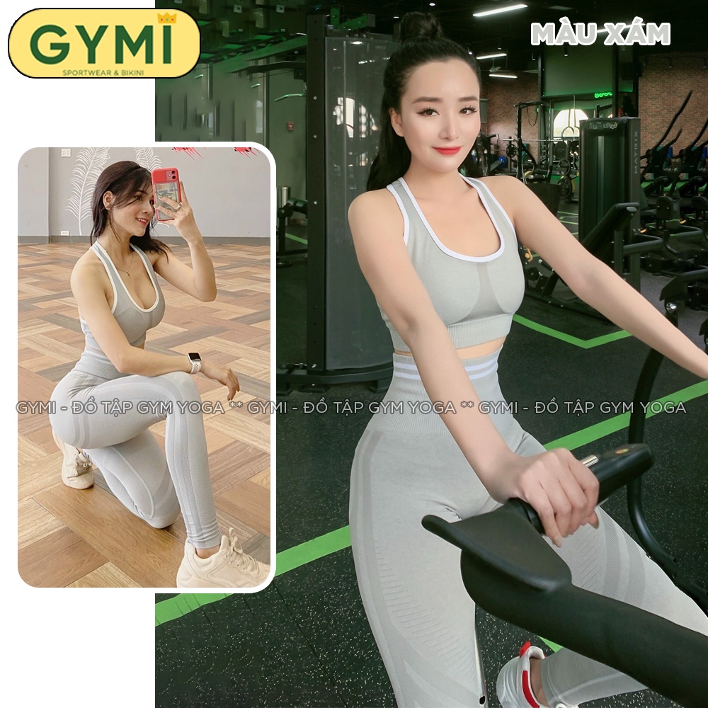 Set bộ quần áo tập gym yoga nữ GYMI SET08 gồm áo bra thể thao và quần legging chun mông chất dệt kim co giãn