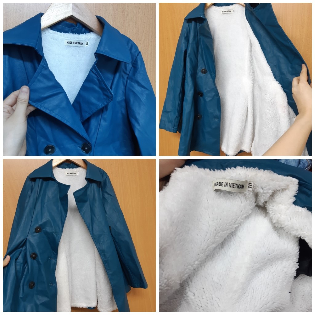 DG99-AKT-05- Áo khoác dài tay bé gái, chất da lót lông dày dặn, đính nút, cổ vest, màu xanh đậm, made in Việt Nam