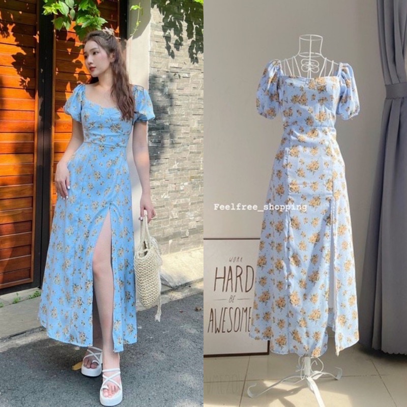 (Ảnh thật) Đầm Váy Xanh Feelfree Cổ Vuông Dáng Dài 2 Lớp Xẻ Tà Mặc Đi Chơi Đi Tiệc D3083 bn