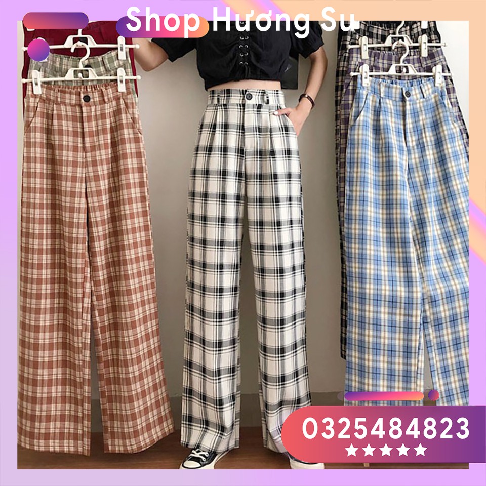 Quần Ống Rộng Dáng Suông Kẻ Ca rô - Quần Culottes Cạp Cao Có Cúc Siêu Hack Dáng-HươngSu (Q058)