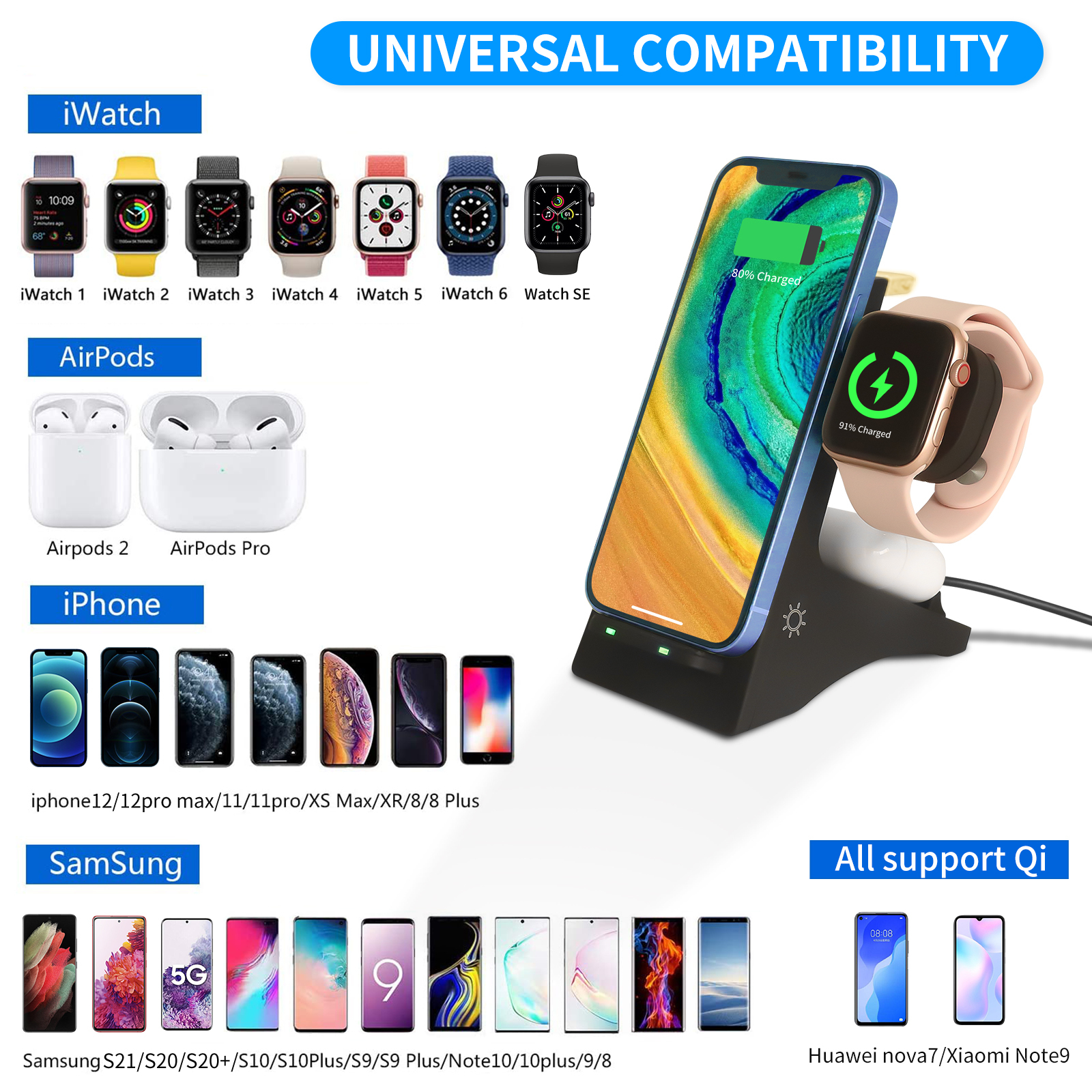 Bộ Sạc Không Dây 4 Trong 1 Cho Điện Thoại Apple Android, Apple Watch Bộ Sạc Không Dây Apple Airpods