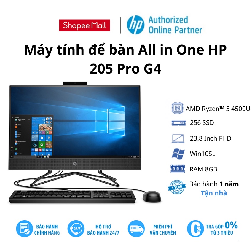 Máy tính để bàn All in one HP 205 Pro G4 (31Y21PA)/ Đen/ AMD Ryzen 5 - 4500U (2.3Ghz, 11MB)/ RAM 8GB/ 256GB SSD