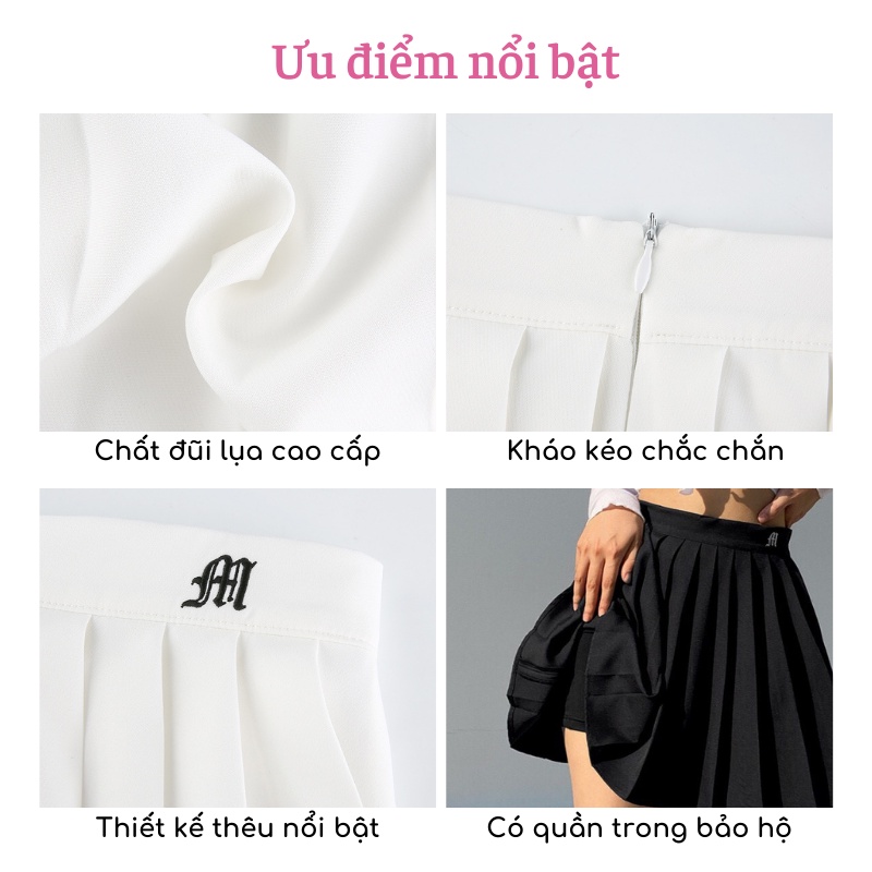 Chân váy ngắn tennis xếp ly chất đũi lụa cạp thêu chữ trẻ trung năng động phong cách Hàn Quốc Mely Fashion CV15