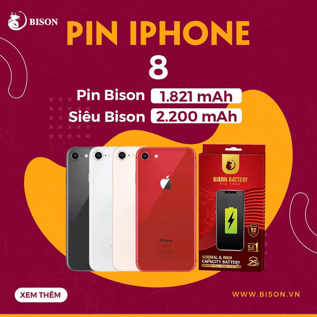 Pin Bison - Pin Chất Lượng Chuẩn Nhất Cho iPhone - BH 12 tháng + Bảo hiểm cháy nổ 25 tỷ (tặng kèm keo dán pin)