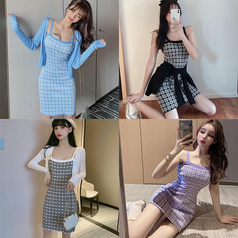 Đầm Dệt Kim Hai Dây Kẻ Sọc Caro Phong Cách Hàn Quốc Cho Nữ