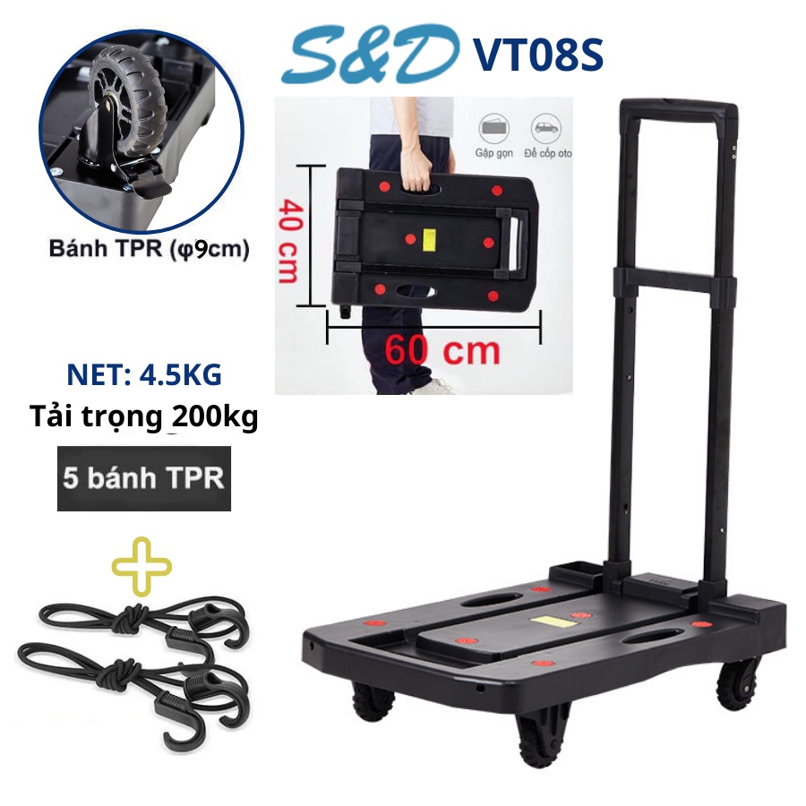 Xe kéo - đảy hàng Tải trọng max 200kg, gấp gọn VT08 có bánh có khóa, TẶNG KÈM 2 dây chằng