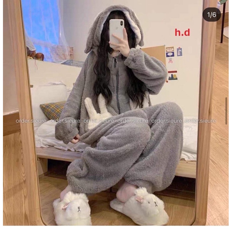 Bộ lông khoá liền tai thỏ túi trắng HĐ12