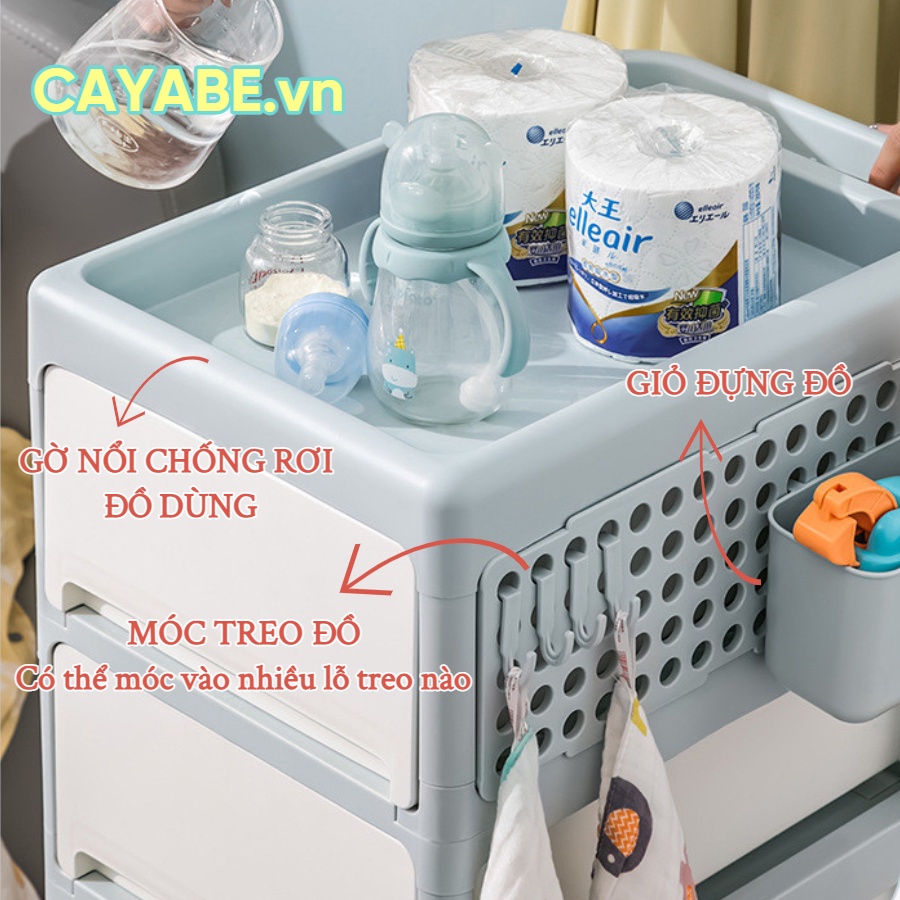 Kệ nhựa 4 tầng CAYABE Mia đa năng, kệ nhà tắm, kệ bỉm sữa, kệ nhà bếp, kệ xe đẩy spa có bánh xe 3 màu pastel