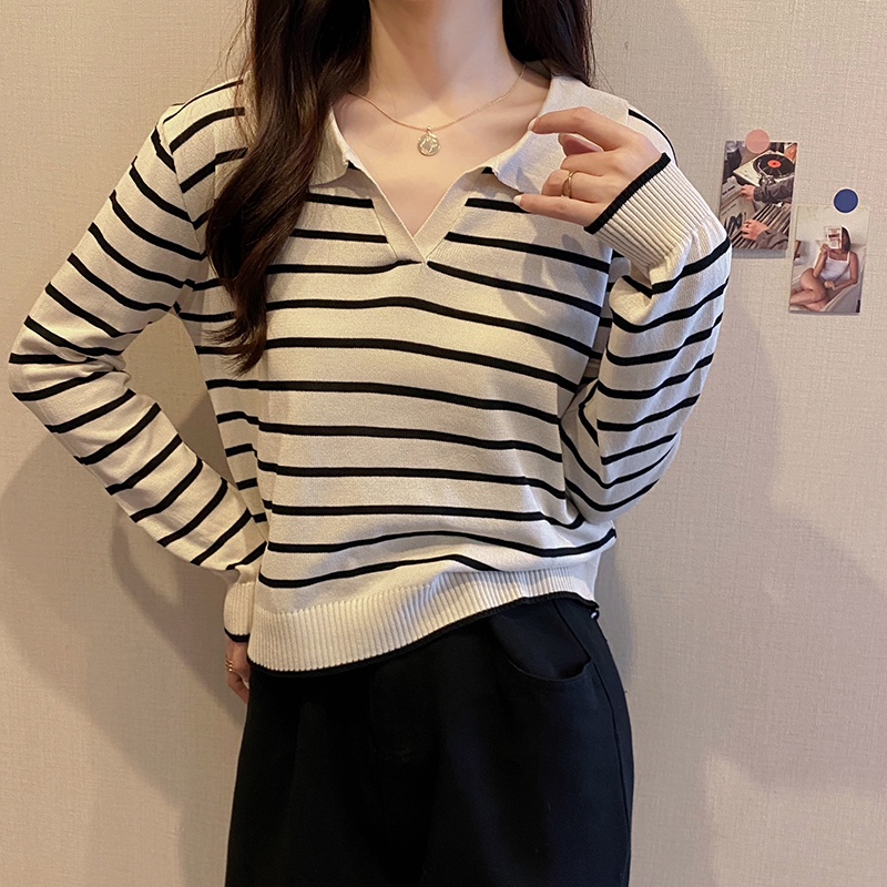 Áo thun IELGY cổ polo tay dài in sọc thời trang cho nữ