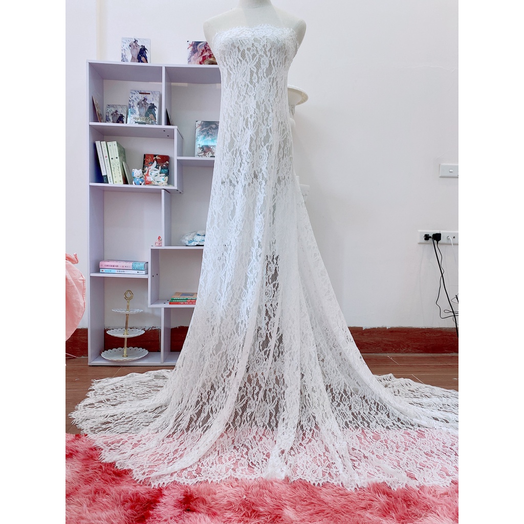 Vải ren mi màu trắng dùng may váy, đầm, trang trí, làm phụ kiện