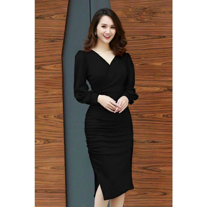 Đầm Ôm Body Cổ Tim Dài Tay xẻ tà lẻ, đầm dự tiệc sang chảnh 3 màu xanh đỏ đen - TM25