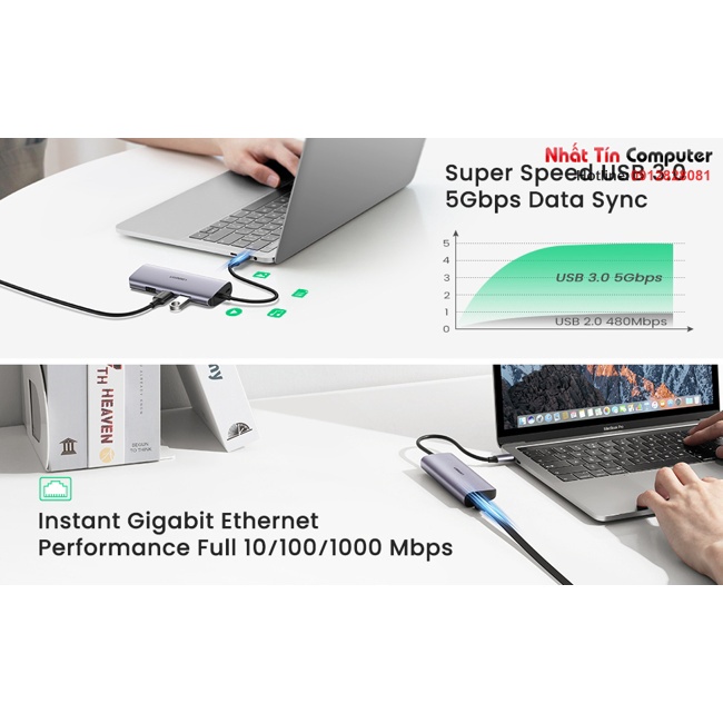 Thiết bị mở rộng USB type-C to Hub 3 cổng USB 3.0/Lan Gigabit kèm Micro USB cấp nguồn Ugreen 60718