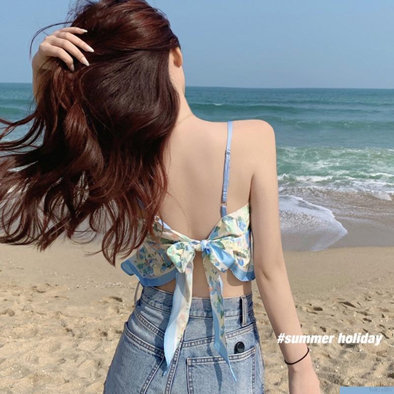 Áo Croptop Hai Dây Hở Lưng Thắt Nơ In Họa Tiết Thời Trang Quyến Rũ Cho Nữ