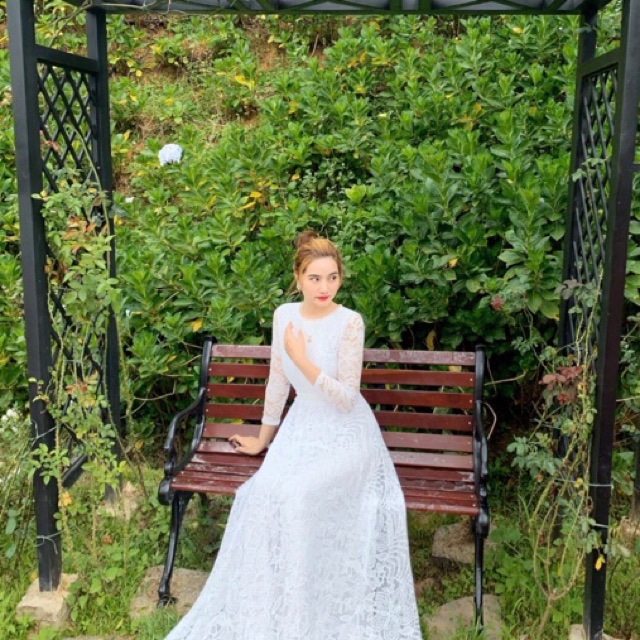 Đầm maxi ren trắng xoè 360