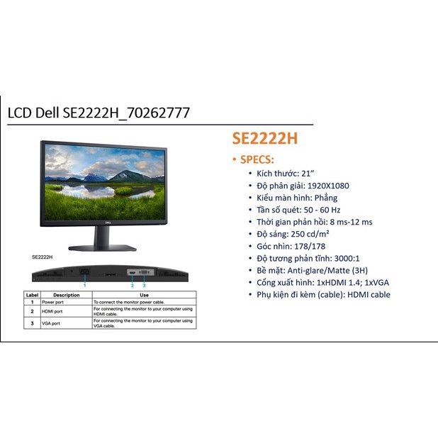 Màn hình vi tính Dell SE2222H 21.5 inch Full HD (SE2222H) Hàng Chính Hãng