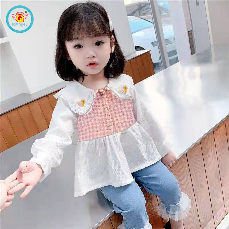 Áo sơ mi IQ Angel tay dài giả hai lớp họa tiết kẻ sọc thời trang mùa xuân cho bé gái 0-3T