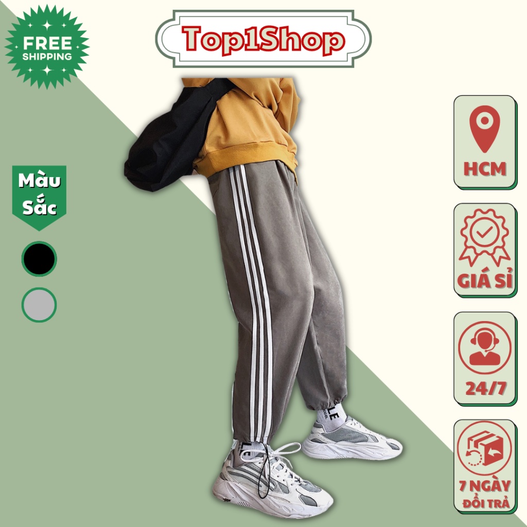 Quần dài ống rộng nam nữ 3 sọc thể dục có rút gấu mặc 2 kiểu ống suông và jogger phong cách trẻ trung năng động