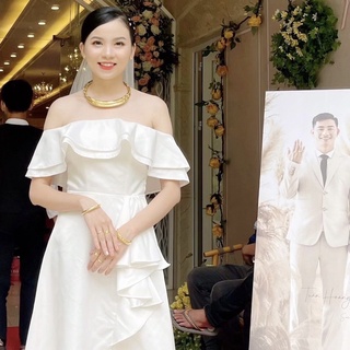 👰🏻‍♀️ váy cưới flora trễ vai tôn dáng - váy cưới xẻ tà thanh lịch - váy đón tiệc