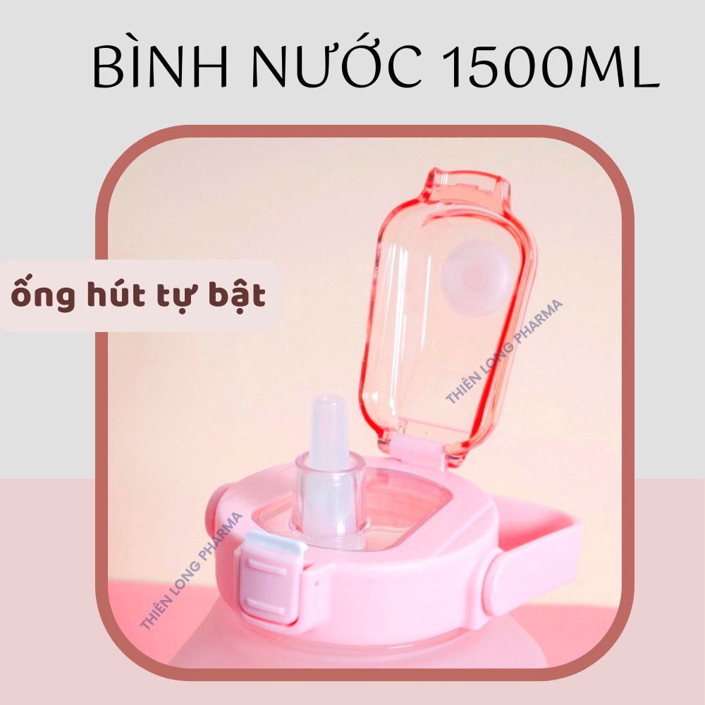 Bình đựng nước 1500ml tặng kèm Sticker dễ thương có vạch báo giờ uống nước phong cách thể thao