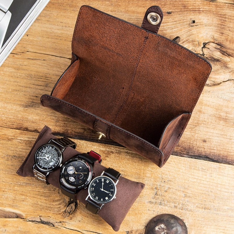 Hộp Đựng Đồng Hồ 3 Ngăn Bằng Da Màu Nâu Đậm