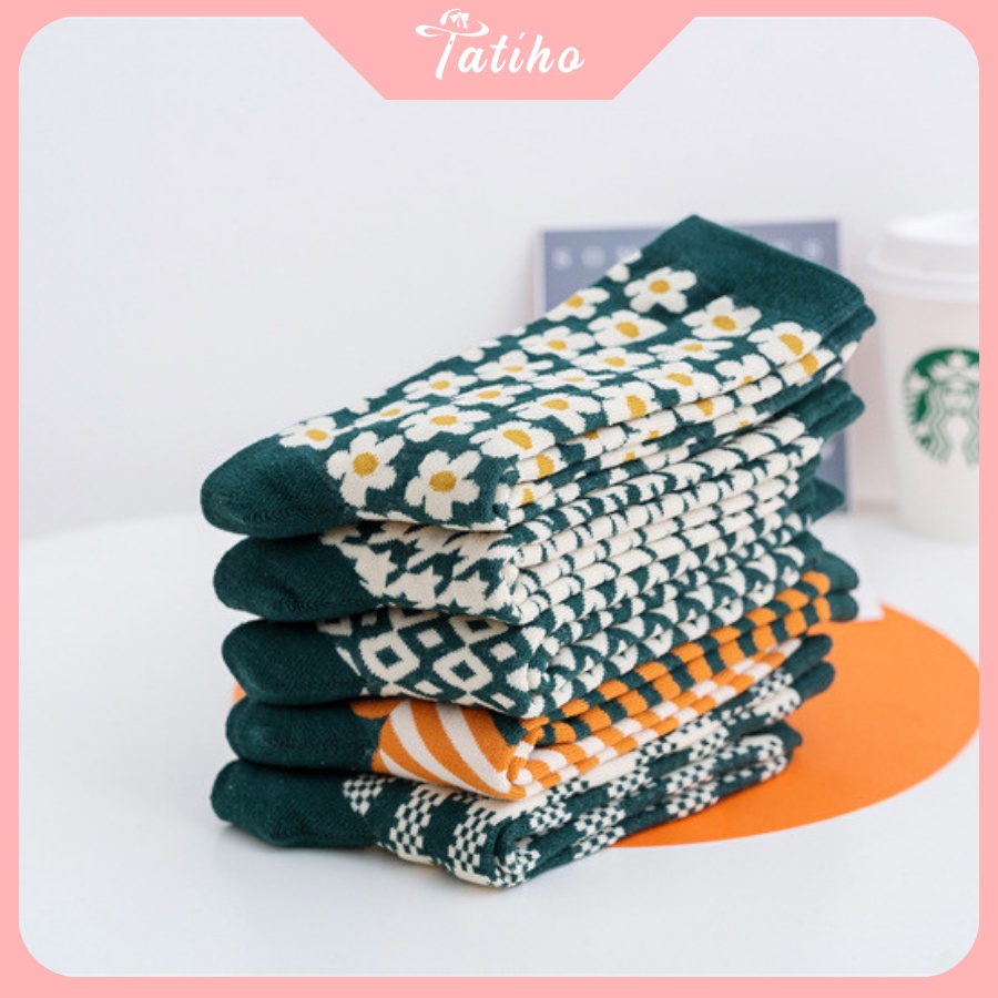 [Hàng Xịn, Giá Tốt] Vớ Tất Nam Nữ Unisex Cổ Cao Cotton Họa Tiết Màu Xanh Retro Vintage Đẹp - Mã TV018