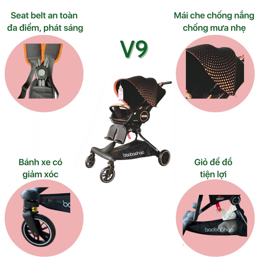 Xe đẩy cho bé gấp gọn Baobaohao V9, đảo chiều 3 tư thế xoay chiều 360 độ ngồi - ngả - nằm cho trẻ sơ sinh  đến 5 tuổi