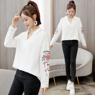 Áo Sơ Mi Trắng Tay Dài Hoạ Tiết Hoa Thêu Có Size Lớn