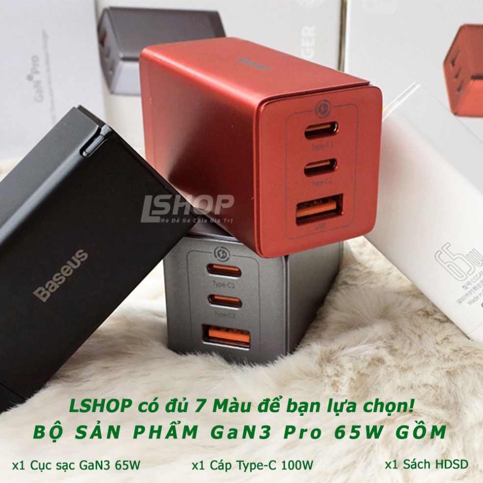 Bộ sạc nhanh Baseus GaN3 Pro 65W Quick Charge 4.0 3.0 PD Nhanh Chaging Cho iPhone điện thoại, máy tính - 12 tháng BH
