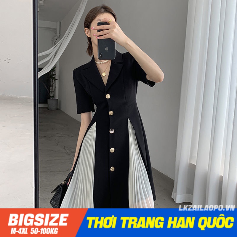 Đầm Vest Blazers Bigsize Váy nữ dáng ôm tay ngắn có cổ che bụng mỡ ôm eo chữ a mùa hè Phong cách Hàn Quốc Thời Trang tiểu thư cá tính xinh đẹp cho người mập béo
