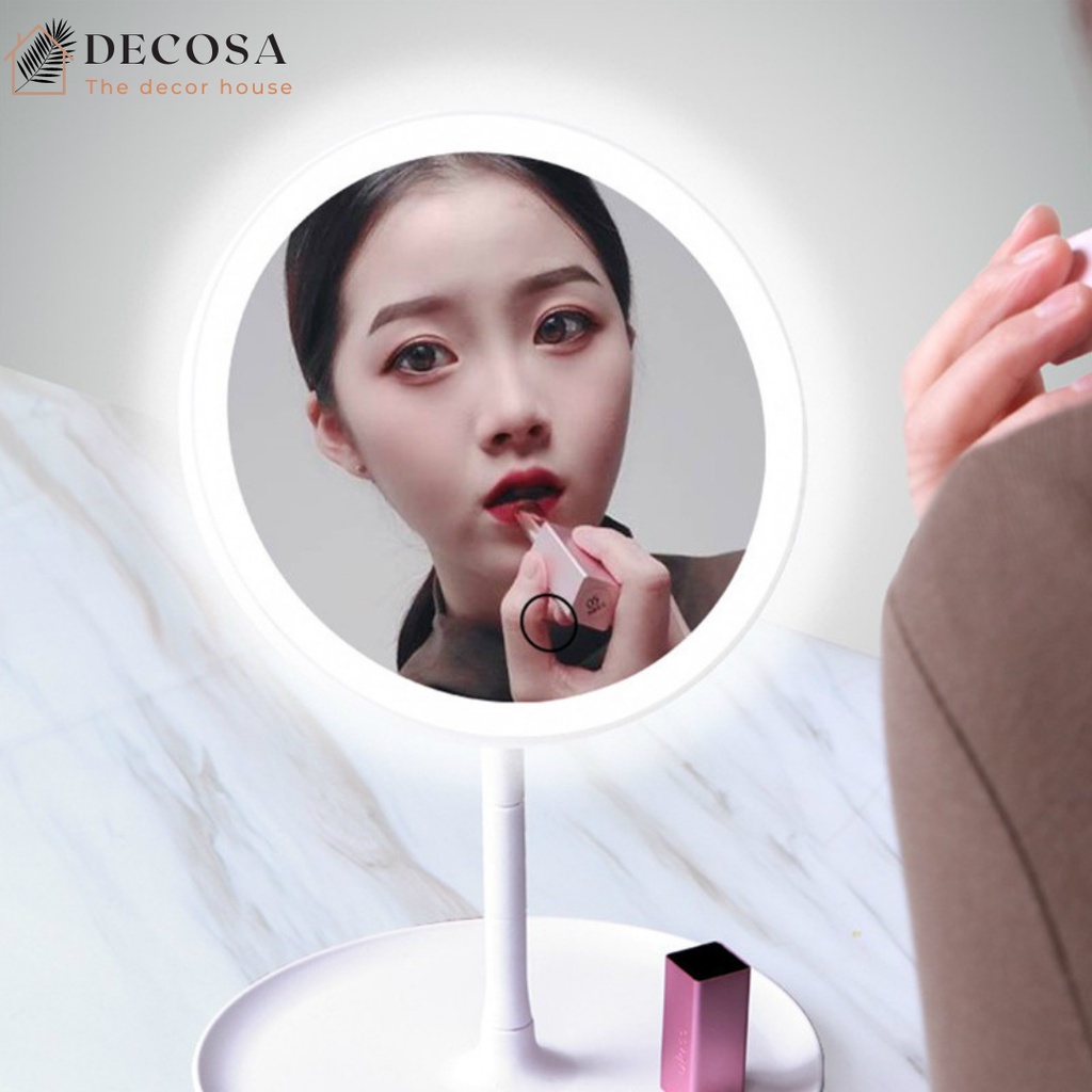 Gương đèn led trang điểm để bàn cảm ứng 3 màu pin sạc DECOSA