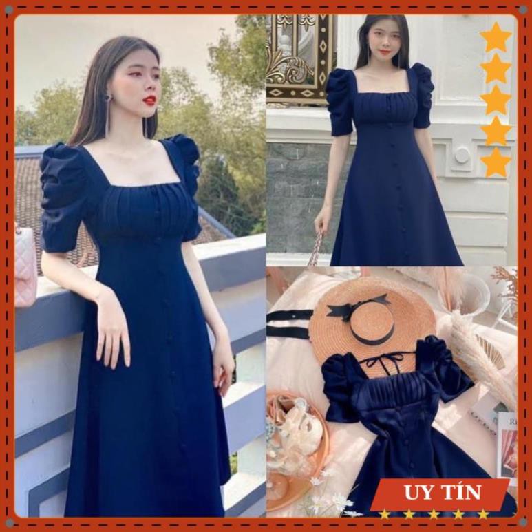 Đầm tay bồng xếp li ngực nút bọc Eva_home_fashion | BigBuy360 - bigbuy360.vn