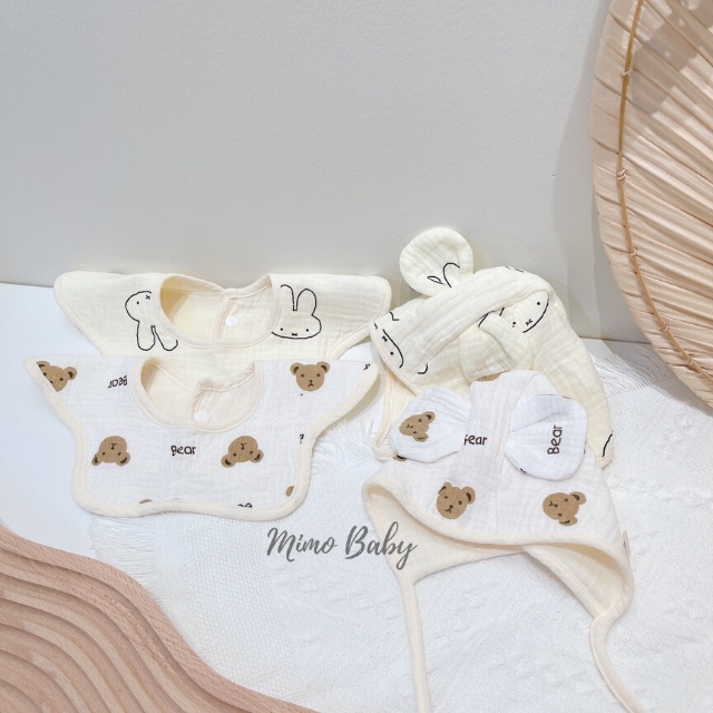 Set mũ tai gấu+yếm cánh hoa vải xô muslin siêu mềm cho bé sơ sinh YC10 Mimo Baby