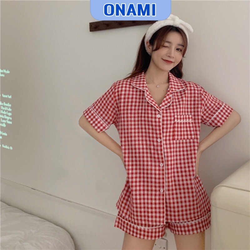 Bộ Ngủ Pijama Cộc Đùi Kẻ Caro Chất Cotton Dệt Loại 1 Nữ PJM006