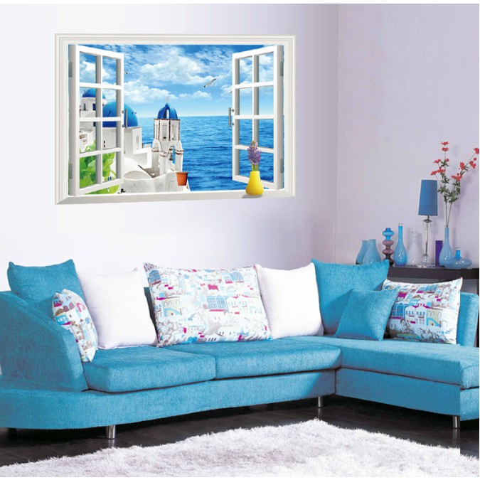 Decal trang trí khung cửa sổ 3D Lâu Đài trắng và biển xanh