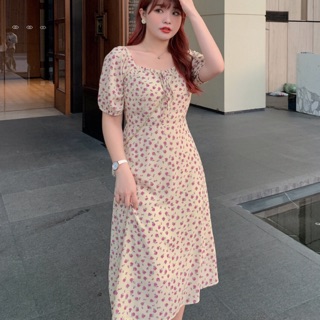 Đầm hoa hồng tím big size cổ vuông kem size 60-90kg