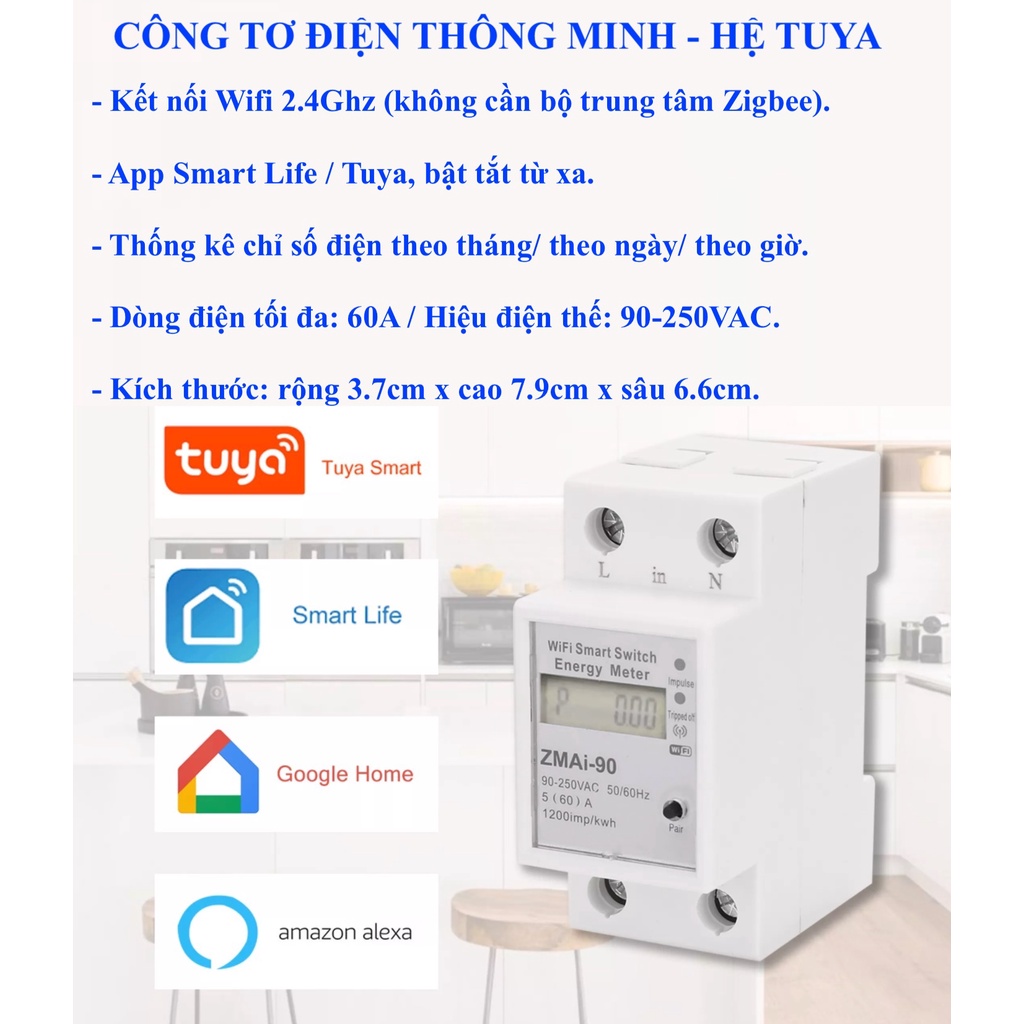 Công tơ điện / Aptomat / CB thông minh, dùng sóng Wifi / Zigbee, App Smart Life / Tuya -