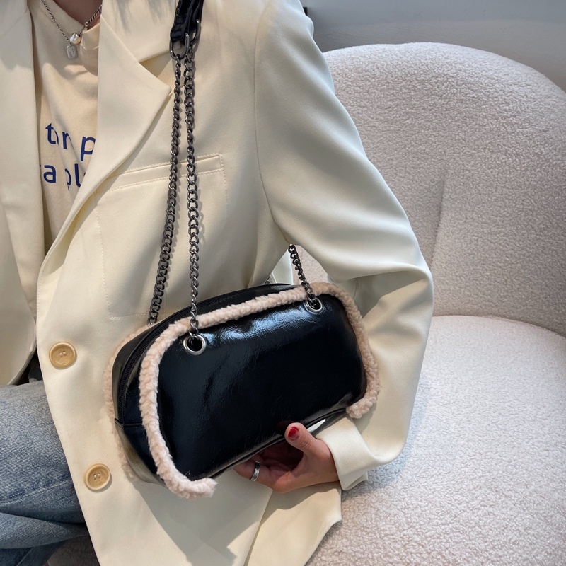 Túi Xách Đeo Vai Len Cừu Phối Dây Xích Thời Trang Cao Cấp