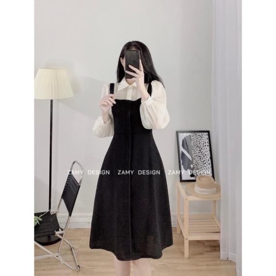 Váy dam yếm 2 dây chất dạ đen may liền sơ mi tơ lụa tay bồng cổ bẻ cúc ngọc dáng xoè chữ A dáng dài vintage tiểu thư
