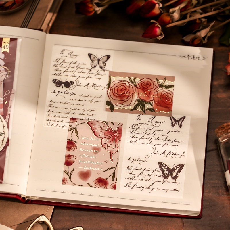 Mr.Paper 4 kiểu 40 tờ / gói Hình dán cổ điển Hình vẽ minh họa hoa hồng Hình dán tài khoản tay sáng tạo Cắt dán tài khoản tay tài khoản Tự làm nhãn dán văn phòng phẩm trang trí