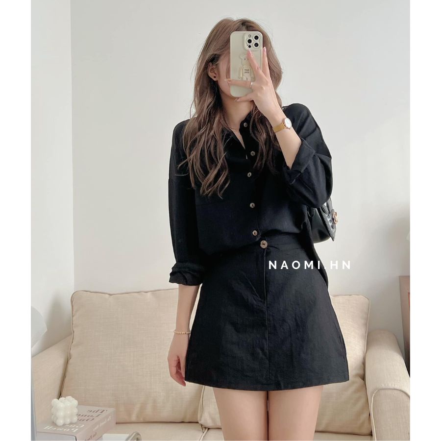 Set bộ đũi áo sơ mi dài tay kèm chân váy chữ A chun sau có quần bảo hộ. Set đồ nữ áo sơ mi cổ đức kèm váy nhiều màu